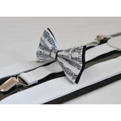 Black Sheet Music Notes Bow tie + White Suspenders for Men / Youth / Boy / Baby