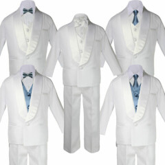 Baby Teen White Satin Shawl Lapel Suits Tuxedo Dark Gray Satin Bow Necktie Vest