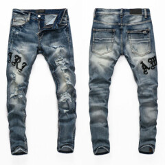 New Italy Pop Style Men's Pants Ripped Logo Embroidered Skinny Blue Jeans A8304T