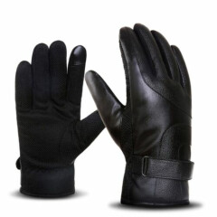 New Men's Wool Lining Black Leather Mittens Winter Warm Cycling Driving Gloves