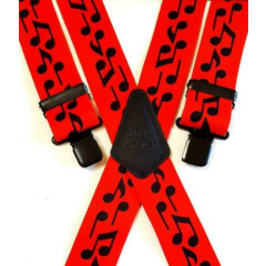 Mens Braces 2" or 1.5" Heavy Duty Jazz Music Red Black Notes Black Clips Work