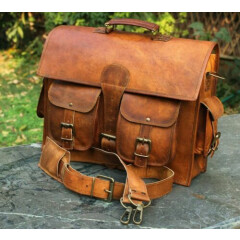 New Men's 16" Satchel Bag Genuine Brown Leather Briefcase Messenger Laptop