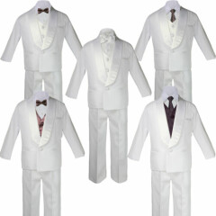 Boys White Satin Shawl Lapel Suits Tuxedo BROWN Satin Bow Necktie Vest Set SM-20