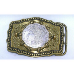 Antiqued Gold Color Western REAL 1921 Morgan Silver Dollar Belt Buckle EBS3705