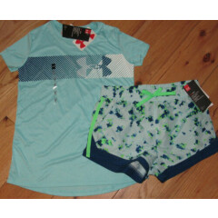 Under Armour logo top & patterned shorts NWT girls' L YLG teal blue