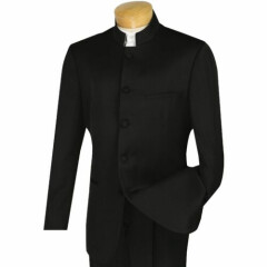 VINCI Men's Black Banded Collar 5 Button Classic Fit Tuxedo Suit NEW