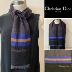 CHRISTIAN DIOR Vintage Chocolate,Blue,Black Wool Tweed Scarf UNISEX 26cm x 134cm