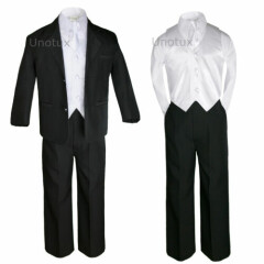 5pc White Vest Necktie Boy Infant Toddler Formal Party Black Suit Tuxedo sz S-4T