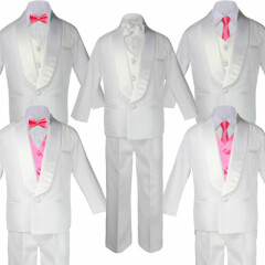 Baby to Teen White Satin Shawl Lapel Suits Tuxedo Coral Satin Bow Necktie Vest