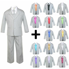 7pc Satin Vest Neck Tie Boy Baby Toddler Teen Silver Gray Formal Suit Tuxedo 
