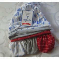 New NWT Modern Baby 6 pc Cap & Mittens Set 3 color set Red Gray Blue White