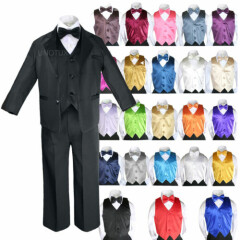 7pc Boy Teen Formal Wedding Black Suit Tuxedo Extra Color Vest Bow Tie Set 4T-20