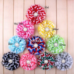 50pcs 3.6" Chiffon Fuzzy Edge Shabby Flower For Girls Striped Leopard With Pearl
