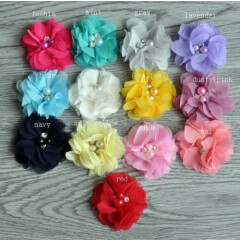30pcs 2" Hair Accessories Fabric Chiffon Flower With Pearls For Headbands