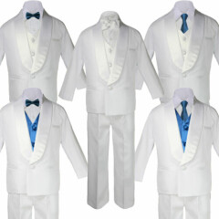 Baby Teen White Satin Shawl Lapel Suits Tuxedo GREEN TEAL Satin Bow Necktie Vest