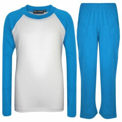 Kids Girls Boys Pyjamas Designer Plain Blue Contrast Sleeves Nightwear PJS 2-13Y