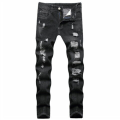 Men's Ripped Skinny Denim Straight Trousers Distressed Jeans Mid Waisted Pants
