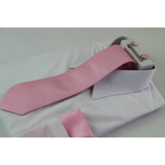 Mens Pink Striped Matching Neck Tie, Pocket Square, Cuff Links And Tie Clip Set