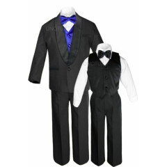 Boy Satin Shawl Lapel Suits Tuxedo EXTRA Royal Blue Bow Tie Vest Set Outfit S-18