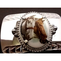  Belt Buckle 2 Horses Equestrian Cowboy Cowgirl Western Collectible Silver tone