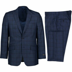 Alberto Cardinali Men's Medium Blue Windowpane Plaid 2 Button Slim Fit Suit NEW
