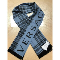 VERSACE COLLECTION STRIPED LOGO MENS WOOL SCARF BLACK SKY MSRP $220