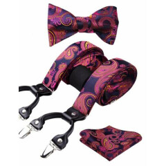  Paisley Floral 6 Clips Suspenders & Bow Tie and Pocket Square Set Y Shap