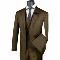 VINCI Men's Taupe Brown Glen Plaid 3 Piece 2 Button Classic Fit Suit NEW