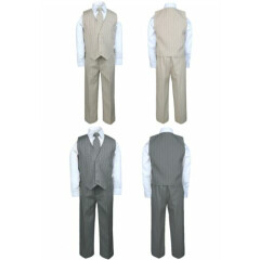 Baby Toddler Boy 4 PC Gray Khaki Vest Set Pinstripe Formal Wedding Tuxedo Suit 
