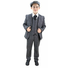 Boys 3 Piece Suit Grey Tweed Check Peaky Blinders Vintage Kids Classic 1920s