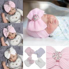 Baby Girls Boy Striped Bow Cap Infant Headband Soft Hospital Newborn Beanie Hats