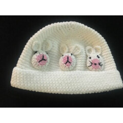 Brand New Hand & Heart Knit Crocheted Newborn White & Pink Bunny Baby Cotton Hat