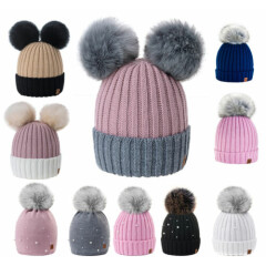 Kids Children Knitted Beanie Hat Hats Cap Winter Warm Girls Boys 2 Pom Pom