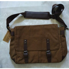 Styled Old School Traditional Waxed Canvas Messenger Bag, Brown Leather Detail