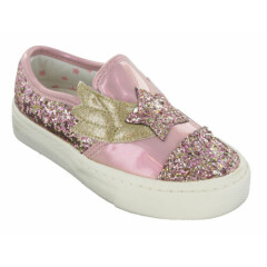 Ex M&S Girls Pink Glitter Star Pumps Padded Collar Slip On Comfort Patent Shoes