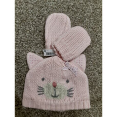 Next Pink Cat Hat & Mittens Set Age 3-6 Months. Brand New with Tags