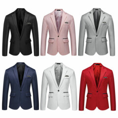 Men Slim Fit Suit Jacket Office Notch Lapel One-Button Flap Pockets Blazer Top