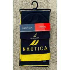 Mens Nautica Hat & Scarf 2 Piece Set Navy Blue/Yellow One Size 100% Acrylic