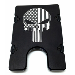 PUNISHER SKULL , American Flag Credit Card Holder,Aluminum RFID protected, Black