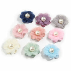 120PCS 4.2CM Chiffon Fabric Flowers With Pearl For Headband Bridal Flower Lapel