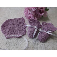 Handmade, Hand Crocheted Baby Bonnet and Booties - Lavender w/White Ribbons
