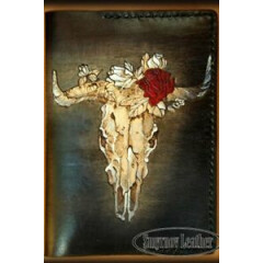 Men's Handmade Leather Passport cover Skull with flower Unisex