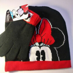 NEW Disney Minnie Mouse Girl Winter Stocking Hat & Gloves Set Red Black White 