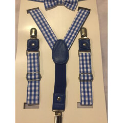New Cat & Jack Toddler Boys White Blue Plaid Bow Tie & Suspenders Set Size 2T-5T