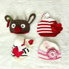 Lot of 4 Baby Infant Assorted Knit Caps Hats Pink, Red, Off White, Reindeer NEW
