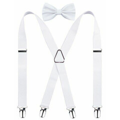 Men's X Back Suspender and Bow Tie Set Elastic Adjustable Braces White