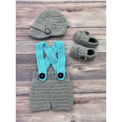 Crochet Newborn Baby Newsboy Hat And Suspenders Gray Pants Button Photo Prop Set