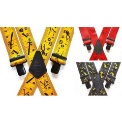 Mens Tape Measure Braces Heavy Duty 1.5" or 2" Red Black Yellow Work Black Clips