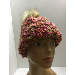 Crocheted Beanie Faux Fur Pom Pom For Head Size 19-20 In. 