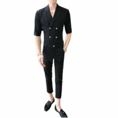 Men 2PCS Suit Striped Slim Fit Tights Pants Lapel Shirt Party Nightclub Blazer L